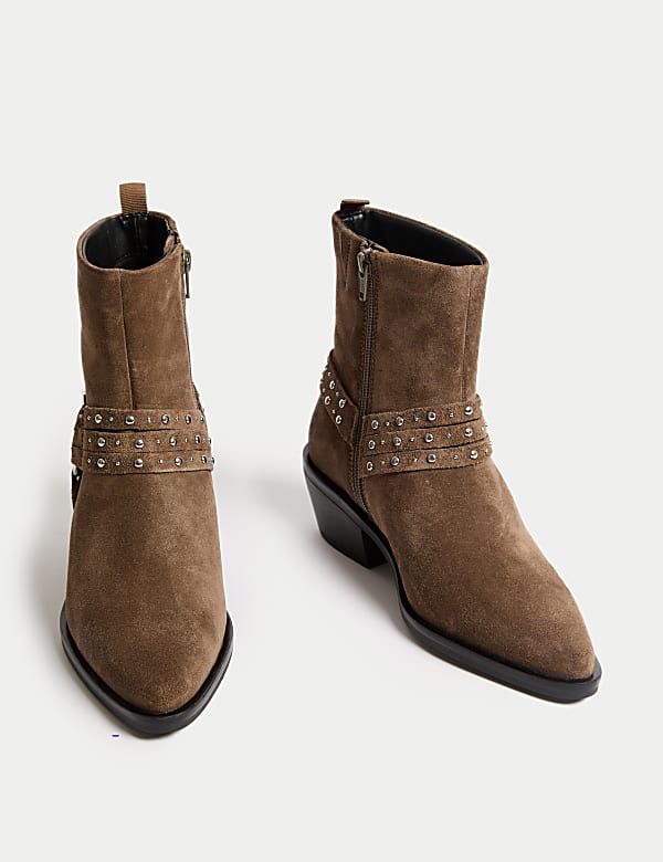Suede Studded Block Heel Ankle Boots - NZ