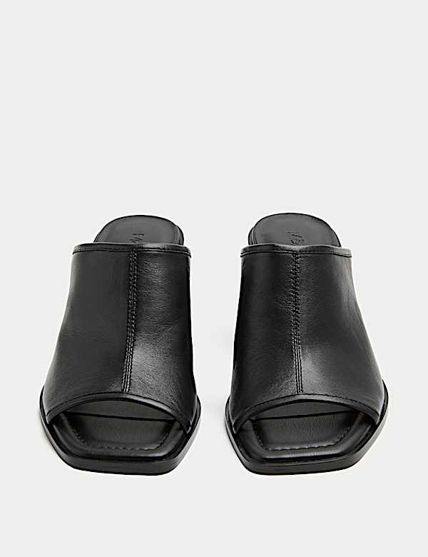Mules en cuir &agrave; talons carr&eacute;s et bout ouvert - FR