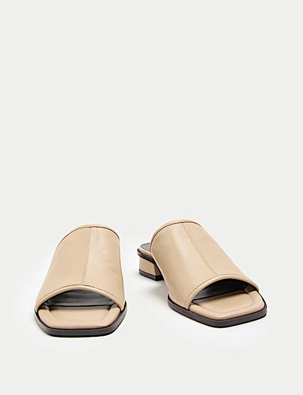 Leather Block Heel Peep Toe Mules - MX