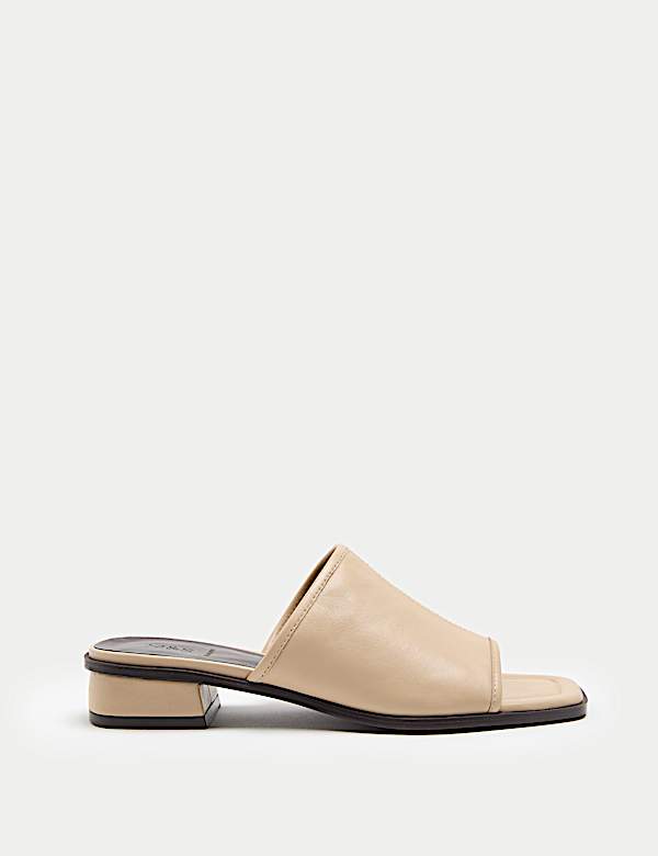 Leather Block Heel Peep Toe Mules | CREAM | Sandals | M&S JE