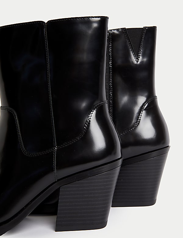 Leather Cow Boy Block Heel Ankle Boots - JE