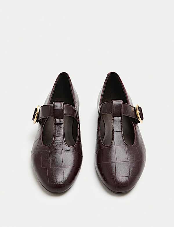 Leather Croc T-Bar Flat Ballet Pumps | BURGUNDY | Shoes | M&S BN