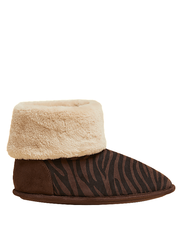 Zebra Print Faux Fur Cuff Slipper Boots