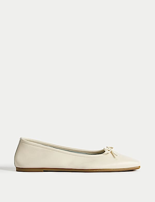 Leather Bow Flat Square Toe Ballet Pumps - JO