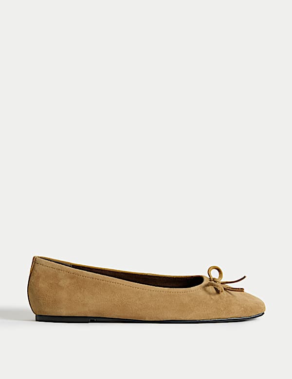 Suede Bow Flat Square Toe Ballet Pumps - ES