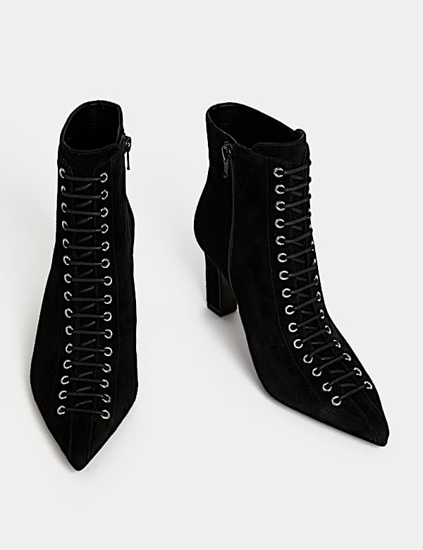 Suede Lace Up Block Heel Pointed Ankle Boots - RS
