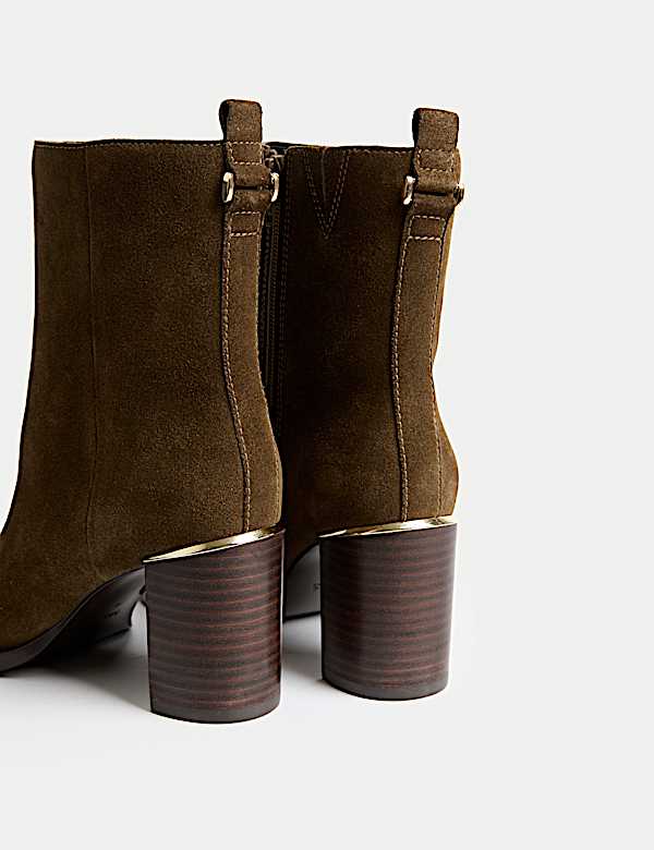 Suede Gold Detail Block Heel Ankle Boots - RS