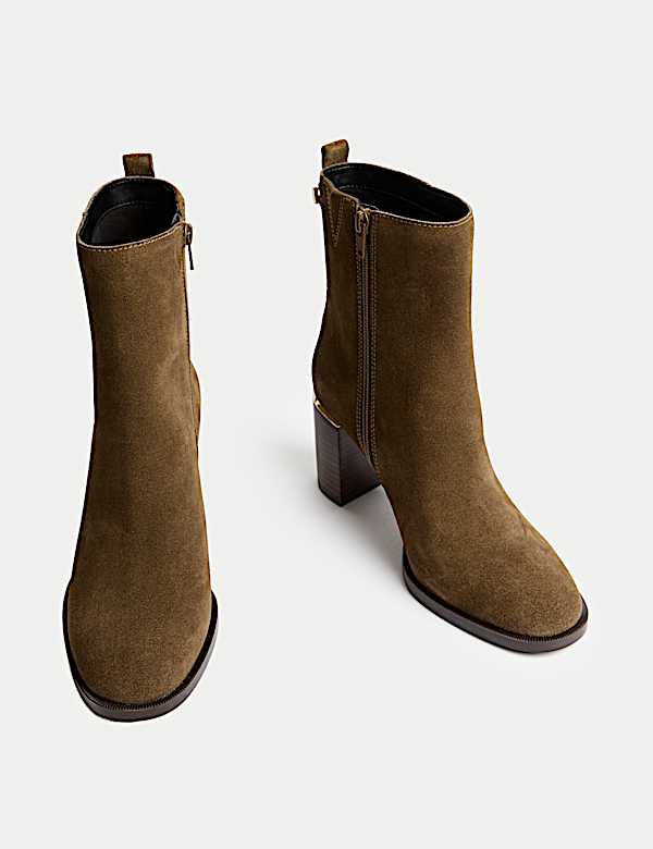 Suede Gold Detail Block Heel Ankle Boots - RS