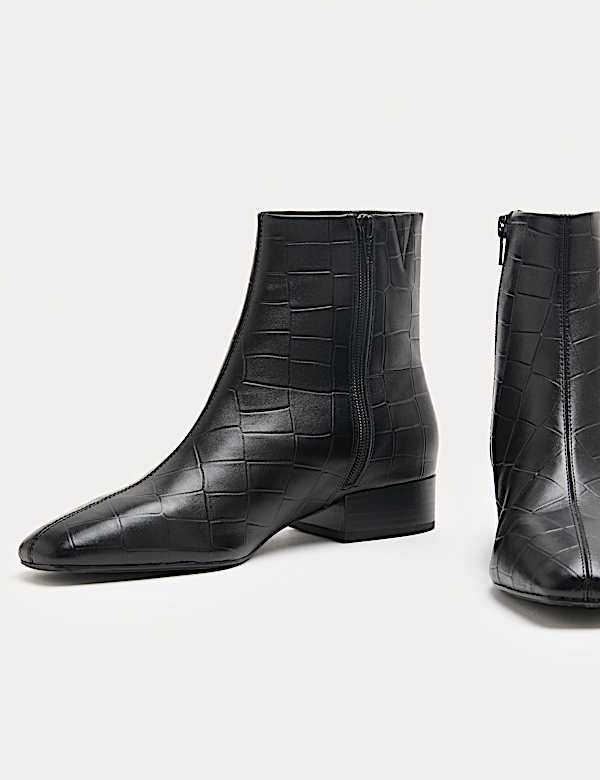Leather Croc Block Heel Chisel Toe Ankle Boots - VN