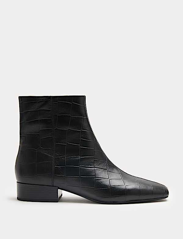 Leather Croc Block Heel Chisel Toe Ankle Boots - VN