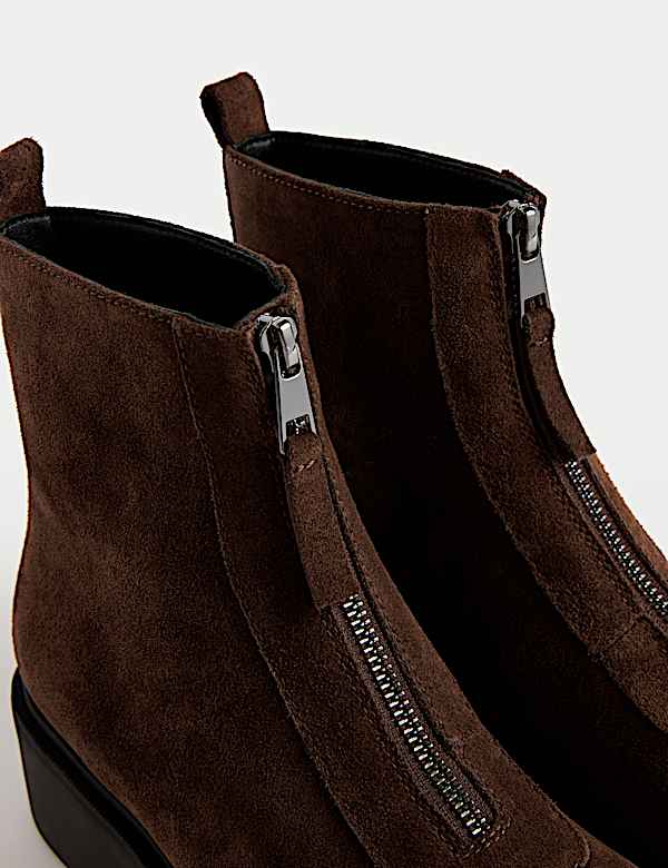 Suede Front Zip Block Heel Ankle Boots - EE