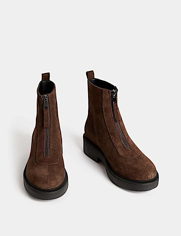 Suede Front Zip Block Heel Ankle Boots - EE