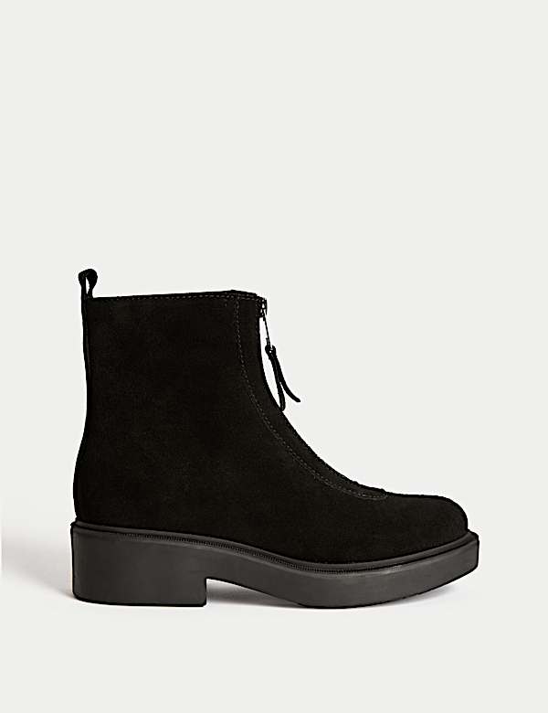 Suede Front Zip Block Heel Ankle Boots - AU