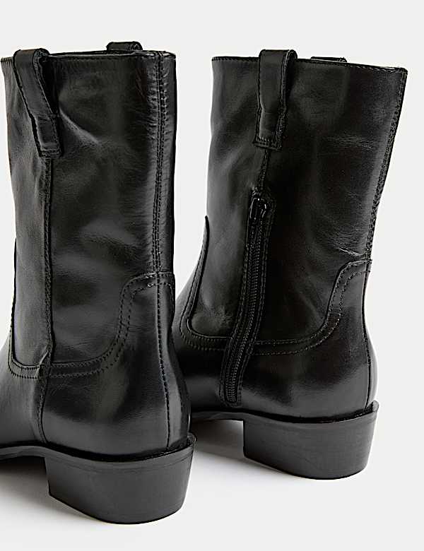 Leather Block Heel Chisel Toe Ankle Boots