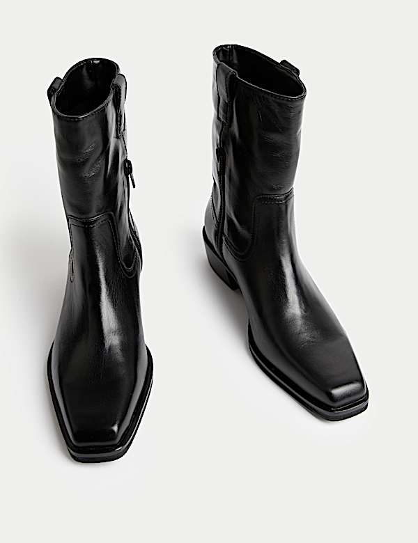 Leather Block Heel Chisel Toe Ankle Boots - NL
