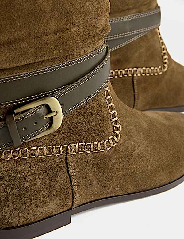 Suede Ruched Flat Ankle Boots - HU