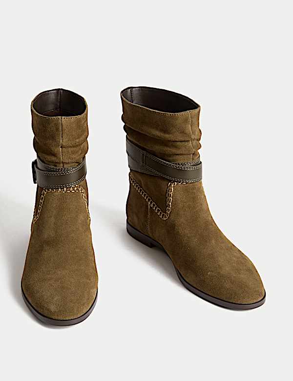 Suede Ruched Flat Ankle Boots - HU