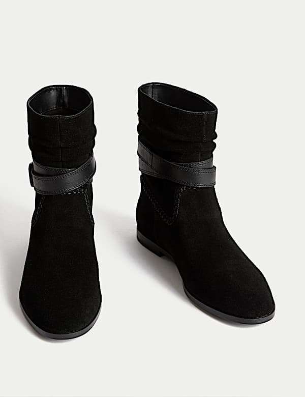 Suede Ruched Flat Ankle Boots - CA