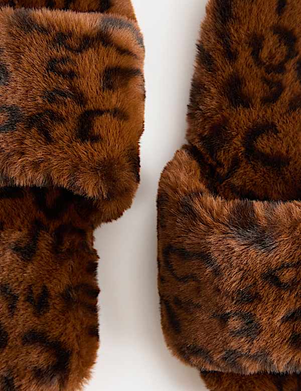 נעלי בית מיול פתוחות דמויות פרווה בהדפס מנומר - IL