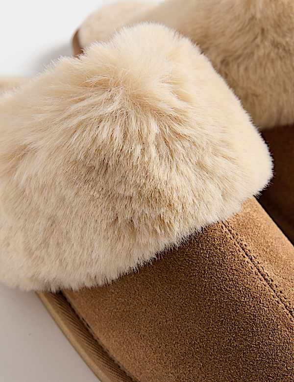 Suede Faux Fur Trim Mule Slippers - BN