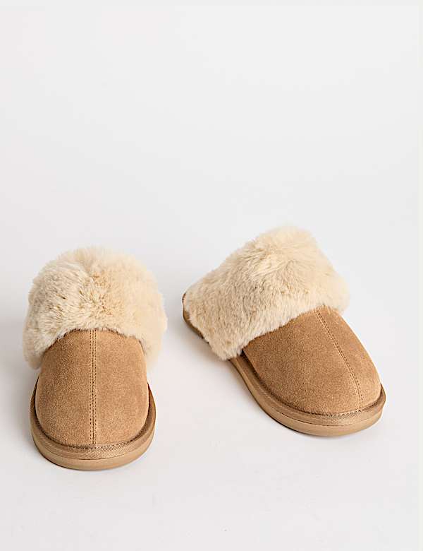 Suede Faux Fur Trim Mule Slippers - BN