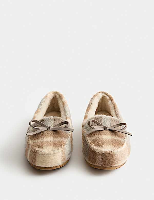Checked Bow Round Toe Moccasin Slippers - AL