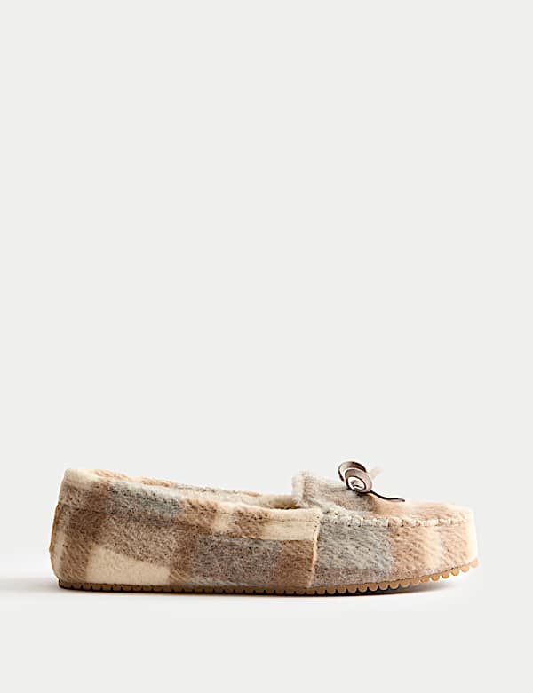 Checked Bow Round Toe Moccasin Slippers - CN