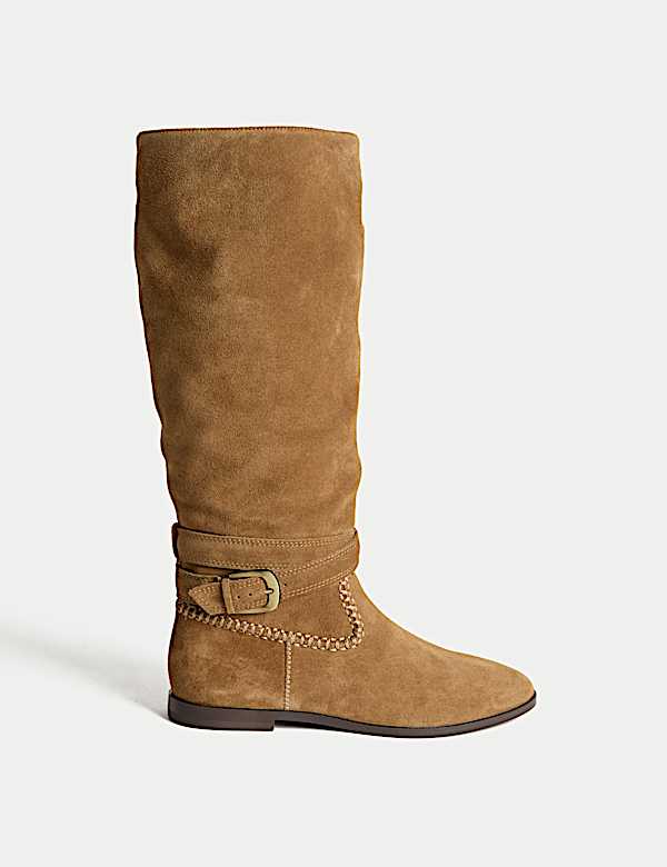 Bottes hauteur genou en daim à talons plats et boucle - FR