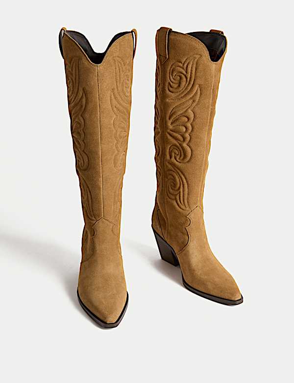 Suede Cowboy Embroidered Knee High Boots - LT