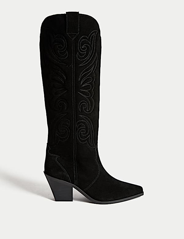 Suede Cowboy Embroidered Knee High Boots - VN