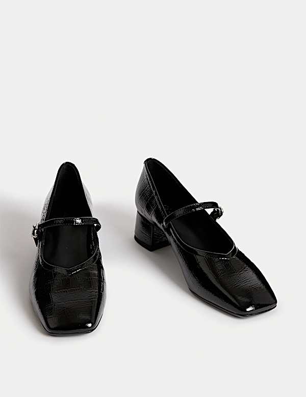 Leather Patent Croc Block Heel Court Shoes - IL