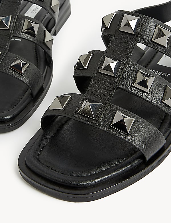 Wide Fit Leather Studded Flat Sandals