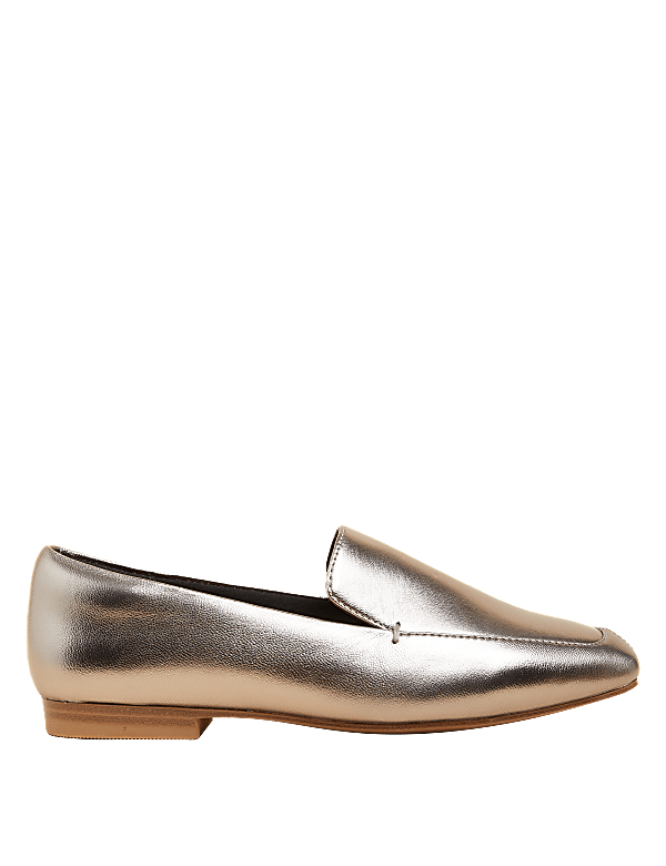 Wide Fit Leather Square Toe Flat Loafers