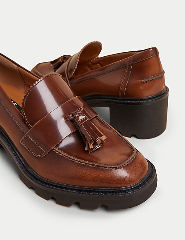 Leather Tassel Block Heel Loafers - SI
