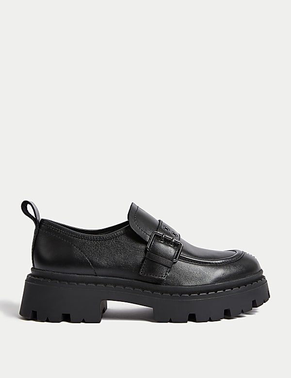 Leather Chunky Buckle Flatform Loafers - RS