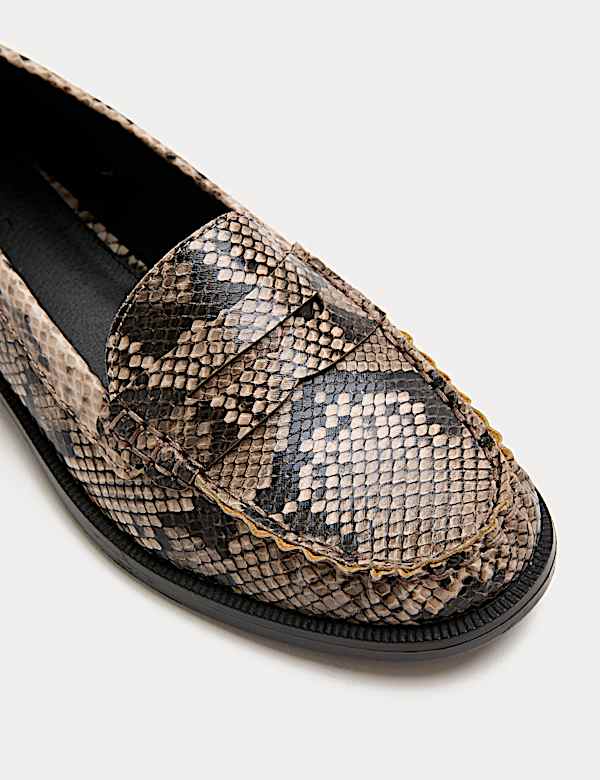 Snake Print Flat Penny Loafers - HR