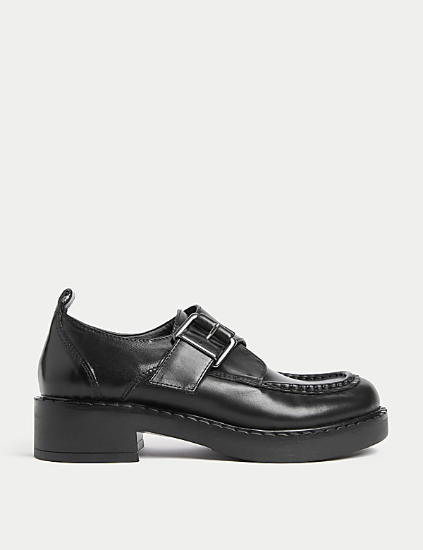 Leather Buckle Block Heel Brogues BLACK Shoes M S CA
