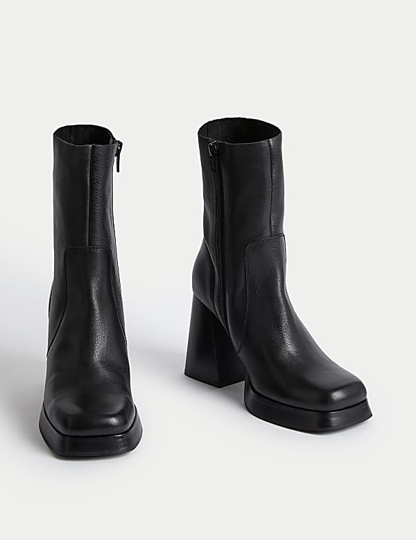 Leather Platform Square Toe Ankle Boots - GR