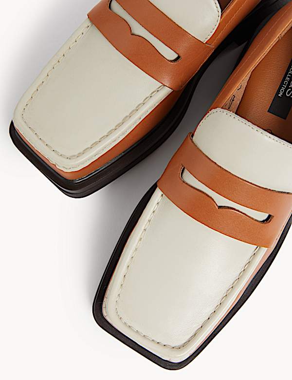 Leather Block Heel Square Toe Loafers - NL