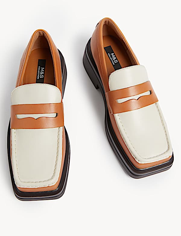 Leather Block Heel Square Toe Loafers - NL