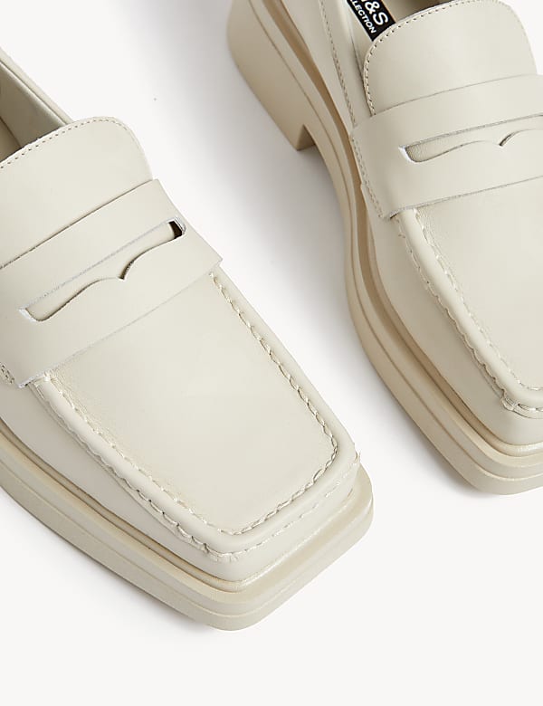 Leather Block Heel Square Toe Loafers - US