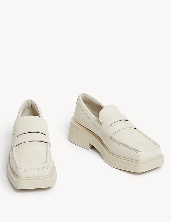 Leather Block Heel Square Toe Loafers - US