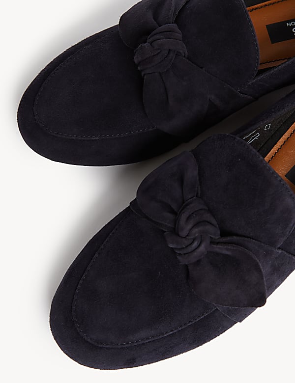 Wide Fit Suede Bow Flat Loafers - BE