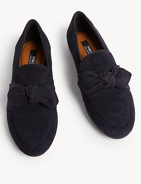 Wide Fit Suede Bow Flat Loafers - BE