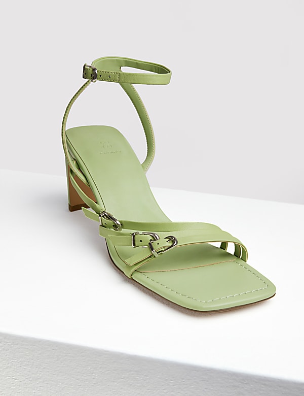 Leather Buckle Strappy Block Heel Sandals IVORY Sandals M S ID