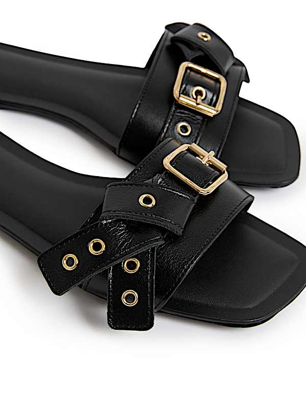 Leather Buckle Flat Mule Sandals - KR