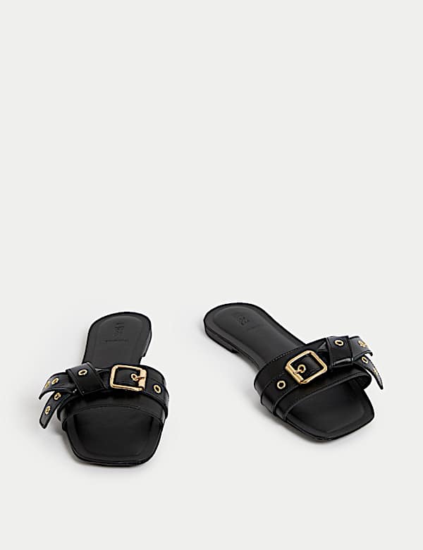 Leather Buckle Flat Mule Sandals - KR