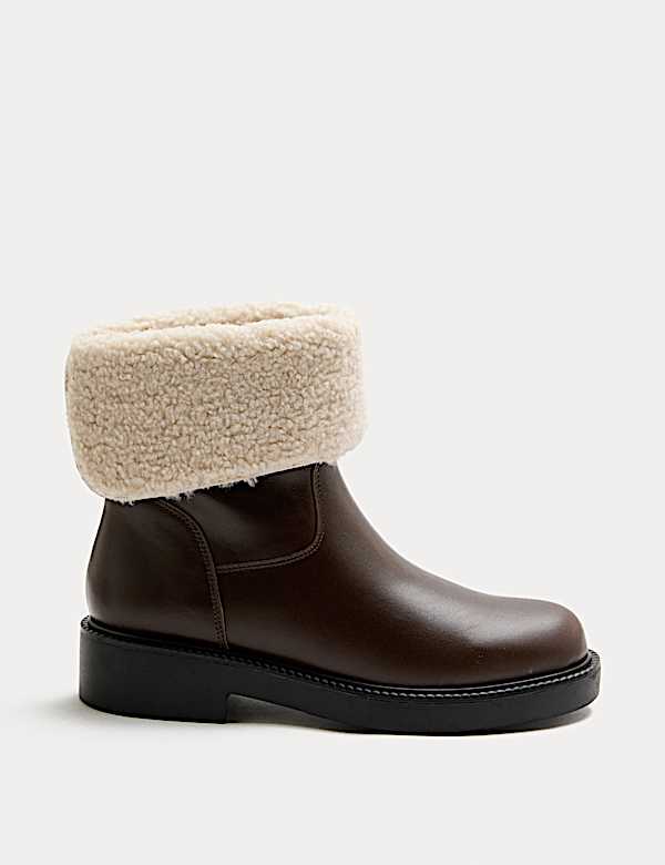 Leather Borg Lined Block Heel Mid Calf Boots - TW