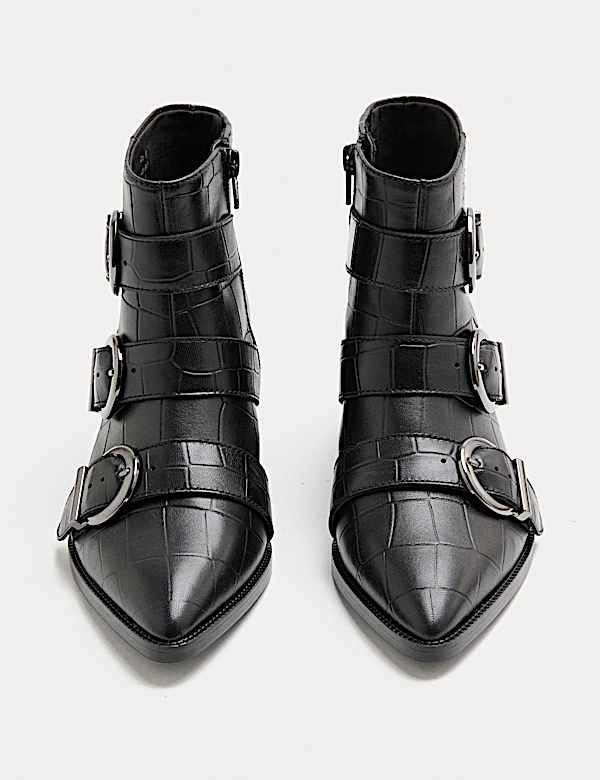 Leather Croc Buckle Block Heel Ankle Boots - EE