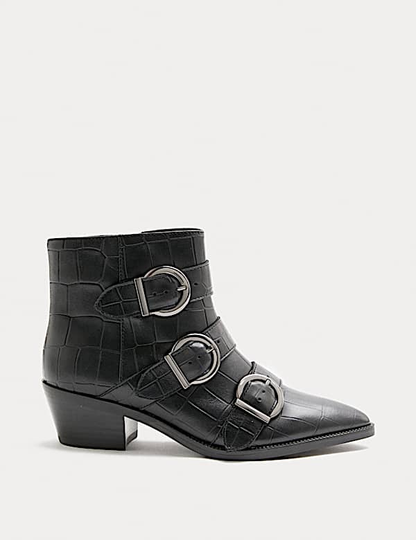 Leather Croc Buckle Block Heel Ankle Boots - EE